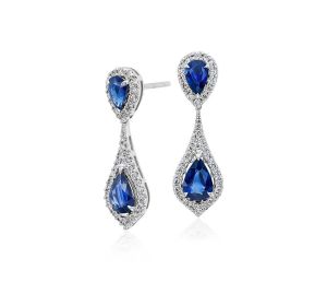 Pear Blue Sapphire And Diamond Halo Drop Earrings