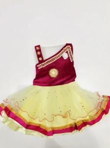 Girls Net Maroon And Yellow Frock