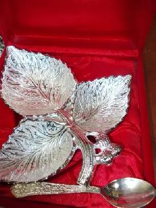 Silver Plated Leaf Shaped Bowl With Spoon