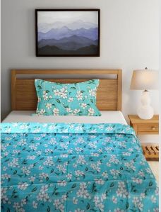 Sky Blue & Off-White Floral Flat 320 TC Cotton Double Bed Bedsheet