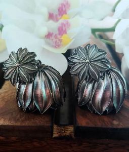 Silver Toned Floral Jhumka Earrings