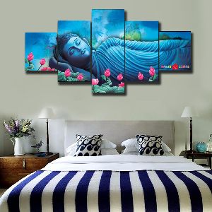 Set of 5 MDF Wooden Framed Lord Buddha Digital Wall Paintings Size ( 125 X 60 CM)