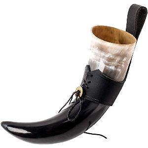 Drinking Horn with Black Leather Holder