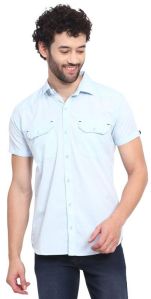 cvc sky cotton fabric double pocket shirts