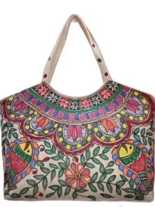 Fish Flower Printed Jute Handbag