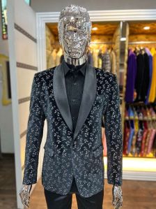 Leaf Printed Black Tuxedo Suit