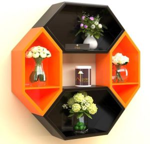 Wooden Pared Hexagon Floating Wall Shelf