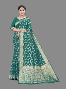 Green Cotton Banarasi Silk Saree