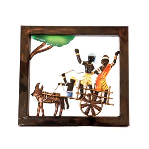 Wrought Iron Sitting Madia Madin Couple on a Bull Cart Wall Hanging