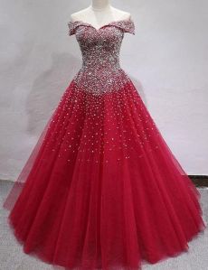 Red Beaded Prom Off Shoulder Evening Gown