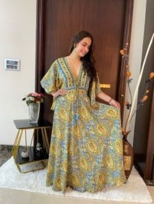 Ladies Bell Sleeve Yellow Blue Maxi Dress