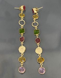 Gemstone Long Dangling Brass Earrings
