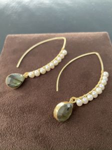 Labradorite Stone Drop Pearls Studded Earrings
