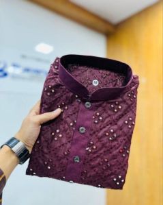 mens wine color embroidered kurta