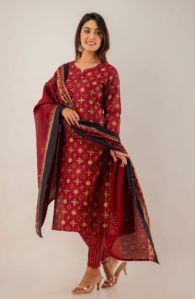 Red Muslin Kurti Set