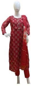 Red Cotton Kurti Pant Dupatta Set