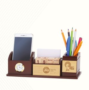 Wooden Desktop Organizer with Analog Clock