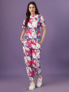 Ladies White Cotton Lycra Digital Printed Co-Ord Set