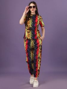 Ladies Yellow Cotton Lycra Digital Printed Co-Ord Set