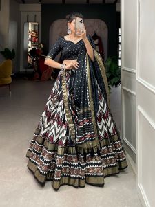 Tussar Silk Leheriya With Foil Print Lehenga Choli