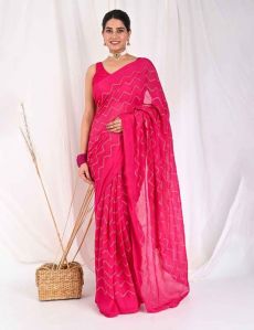 ANUKI Hot Pink Patterned Sequinned Saree