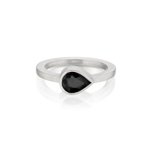 0.75 Ct Pear Cut Black Diamond Solitaire Ring In Bezel Setting