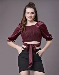 Wine Satin Smocked Top