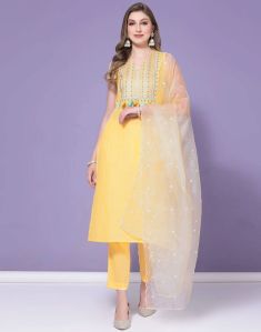 Yellow Embroidery Kurta Pant and Dupatta Set