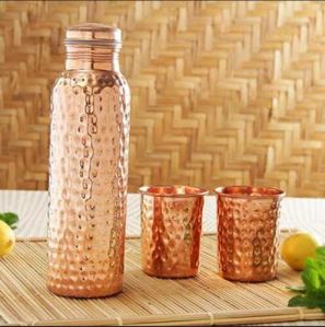 Hammered Copper Water Bottle With Glass Set
