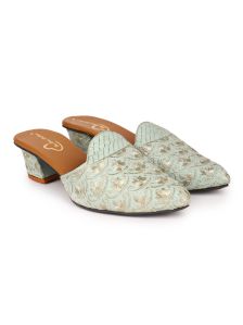 The Desi Dulhan Women Cyan Ethnic Embellished Heel Mules with Resin Sole