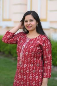 Red Cotton Kurti Pant Set