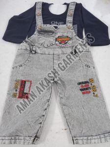 Kids Cotton Grey Dungaree Blue T Shirt Set