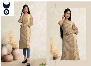 Ladies Beige Printed Rayon A Line Kurti