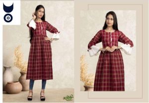 Ladies Red Check Print Rayon Anarkali Kurti