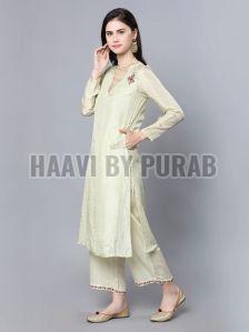 Ladies Light Green Cupro Silk Kurta with Farshi Pant