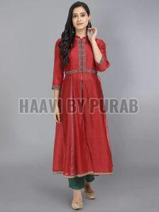 Ladies Red Embroidered Chanderi Kurta with Pant