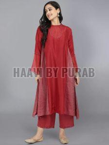 Ladies Red Cupro Silk Kurta with Farshi Pant