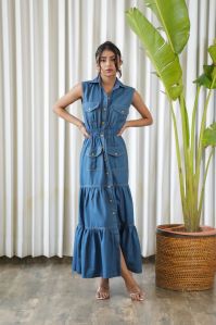 Sleeveless blue collared tier shirt maxi dress