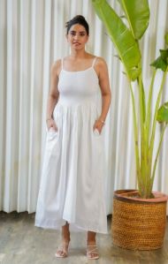 Strappy smocked body white maxi dress