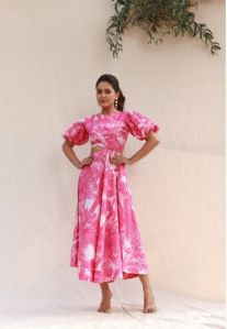 Waist cut-out pink palm print midi dress