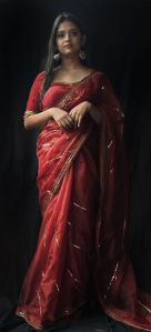 Rust Hand Embroidered Organza Drape Saree