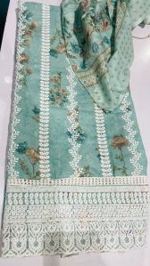 sky blue white thread embroidered unstitched suit