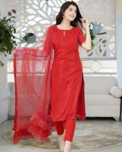 Ladies Red Rayon Salwar Suit with Dupatta