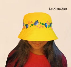 blue floral hand embroidered yellow hat