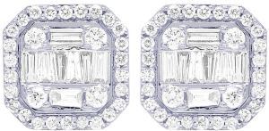 White Gold 10k Round and Baguette Diamond Earrings