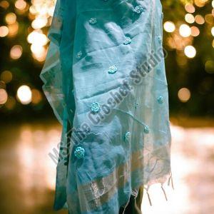 Blue Embroidered Chanderi Dupatta