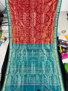 Ladies Sky Blue & Red Sambalpuri Tissue Silk Saree