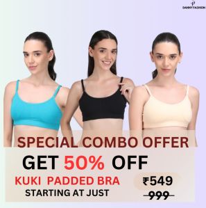 Padded Kuki Sports Bra Thin Strap In Combo Pack Of 3 Colour (Skin ,Sky Blue, Black)