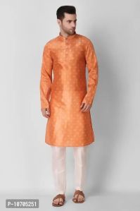 Reliable Orange Silk Blend Knee Length Kurta For Men