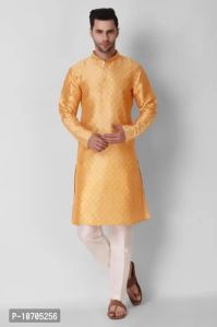 Reliable Yellow Silk Blend Knee Length Kurta For Men